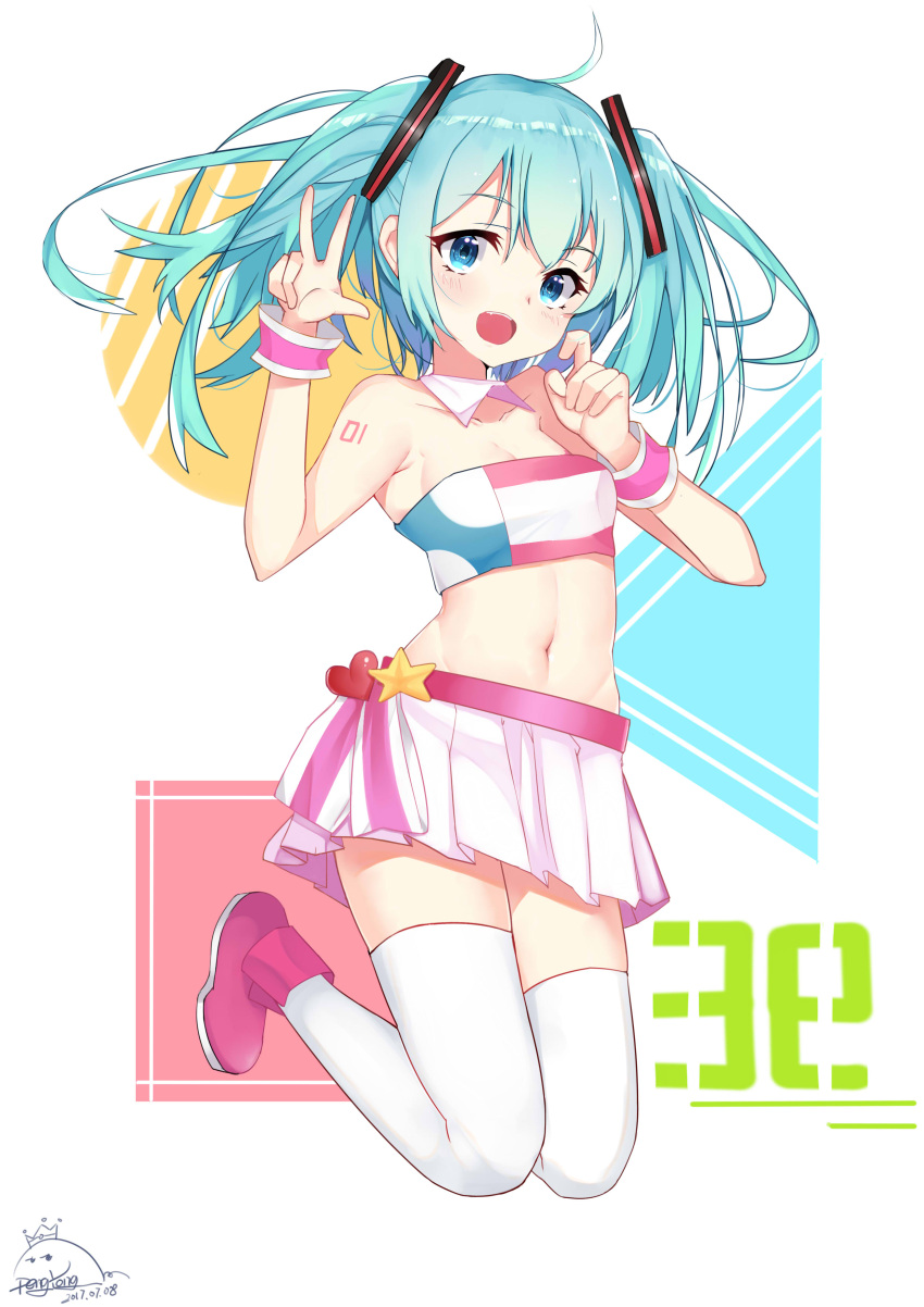 1girl absurdres blue_eyes blue_hair blush breasts cleavage dated eyebrows_visible_through_hair full_body hatsune_miku highres large_breasts long_hair looking_at_viewer navel open_mouth peng_yong signature skirt smile solo thigh-highs twintails v vocaloid white_legwear white_skirt