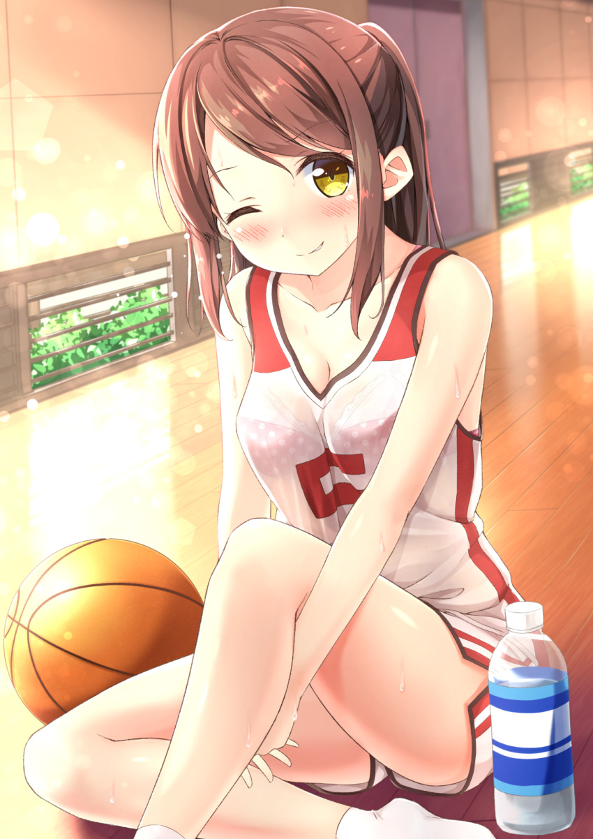 1girl ;) bangs basketball basketball_uniform between_legs blush bottle bra breasts brown_hair cleavage collarbone commentary_request eyebrows_visible_through_hair gymnasium hand_between_legs highres indoors jersey karutamo looking_at_viewer medium_breasts moe2017 one_eye_closed original own_hands_together parted_lips pink_bra ponytail see-through shirt shorts sidelocks sitting smile socks solo sportswear swept_bangs thighs underwear v_arms water_bottle wet wet_clothes wet_shirt white_legwear wooden_floor yellow_eyes
