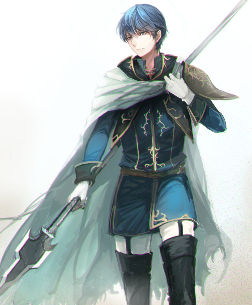 1boy absurdres blue_eyes blue_hair cloak finn_(fire_emblem) fire_emblem fire_emblem:_seisen_no_keifu gloves highres holding holding_spear holding_weapon machi_wt pauldrons polearm simple_background smile solo spear weapon