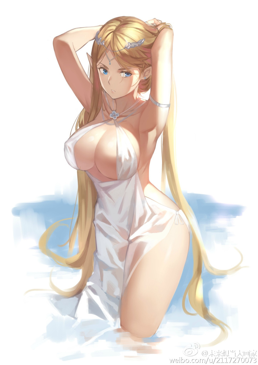 1girl armlet armpits arms_behind_head arms_up bangs blonde_hair blue_eyes breasts circlet cleavage criss-cross_halter dress earrings erect_nipples halterneck hands_in_hair highres jewelry large_breasts long_hair looking_away open-back_dress original parted_bangs parted_lips pelvic_curtain pointy_ears see-through side-tie_costume side_slit sleeveless sleeveless_dress solo standing stud_earrings very_long_hair wading watermark web_address wet wet_clothes wet_dress white_dress yykuaixian