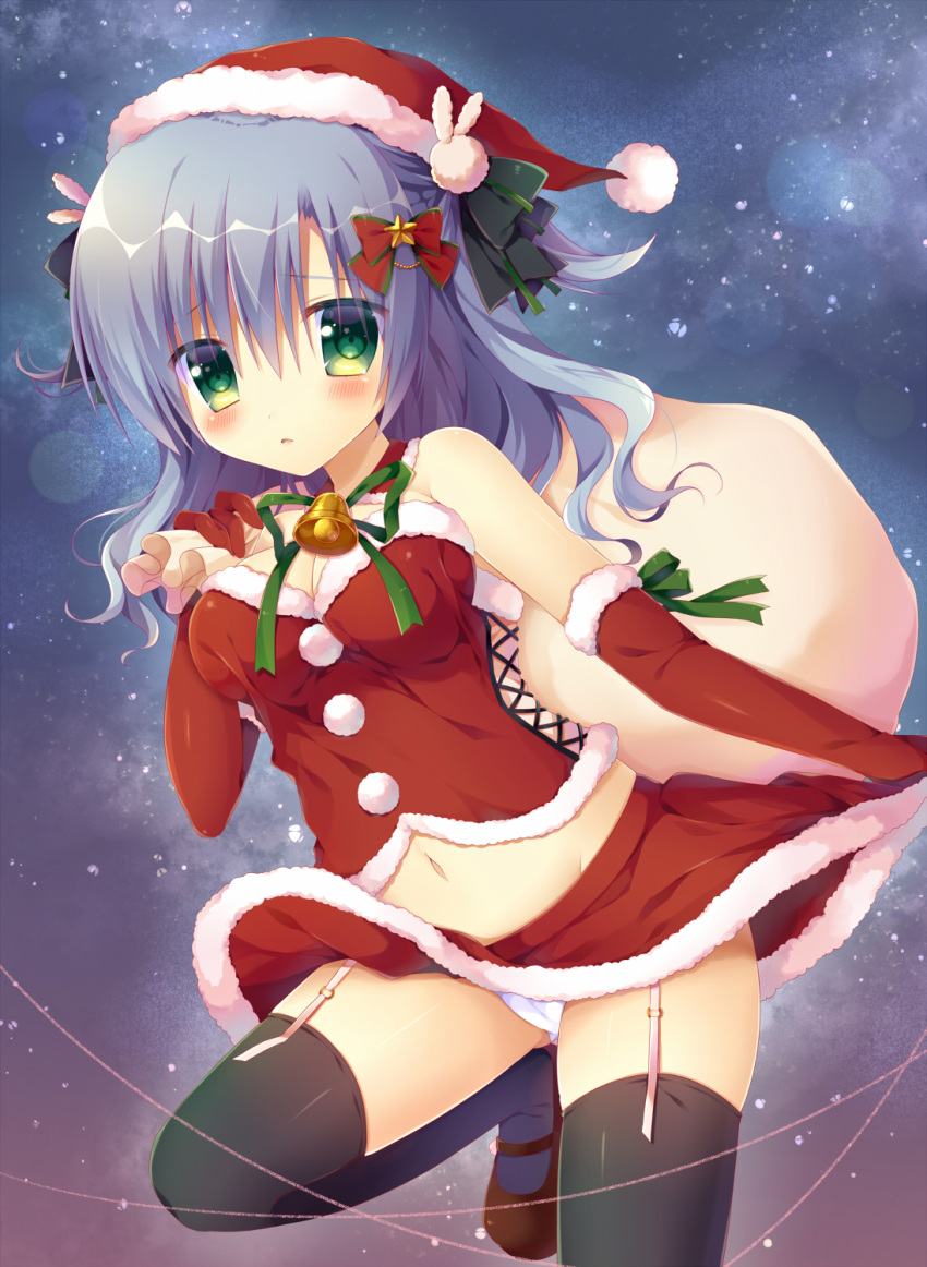 1girl bangs blue_hair blush breasts christmas corset elbow_gloves fur-trimmed_gloves fur-trimmed_skirt fur_trim gloves green_eyes hair_ornament hand_up hat highres holding long_hair looking_at_viewer medium_breasts midriff navel okazaki_milte original outdoors panties pantyshot parted_lips red_gloves red_skirt sack santa_costume santa_hat skirt sky solo star star_(sky) star_hair_ornament starry_sky thighs underwear upskirt wavy_hair white_panties