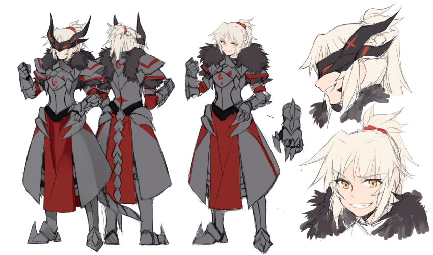 1girl armor black_fur blonde_hair close-up dark_persona face fate/apocrypha fate_(series) full_armor full_body gauntlets horns long_hair looking_at_viewer mask multiple_views ponytail saber_of_red simple_background smile solo standing white_background yellow_eyes yorukun