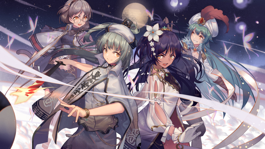 4girls bible_bullet black_hair blush brown_hair character_request closed_mouth flower glasses gloves green_hair hair_flower hair_ornament hat highres holding holding_sword holding_weapon long_hair looking_at_another multiple_girls orange_eyes parted_lips ponytail short_hair smile sword turban weapon white_gloves white_hat zicai_tang