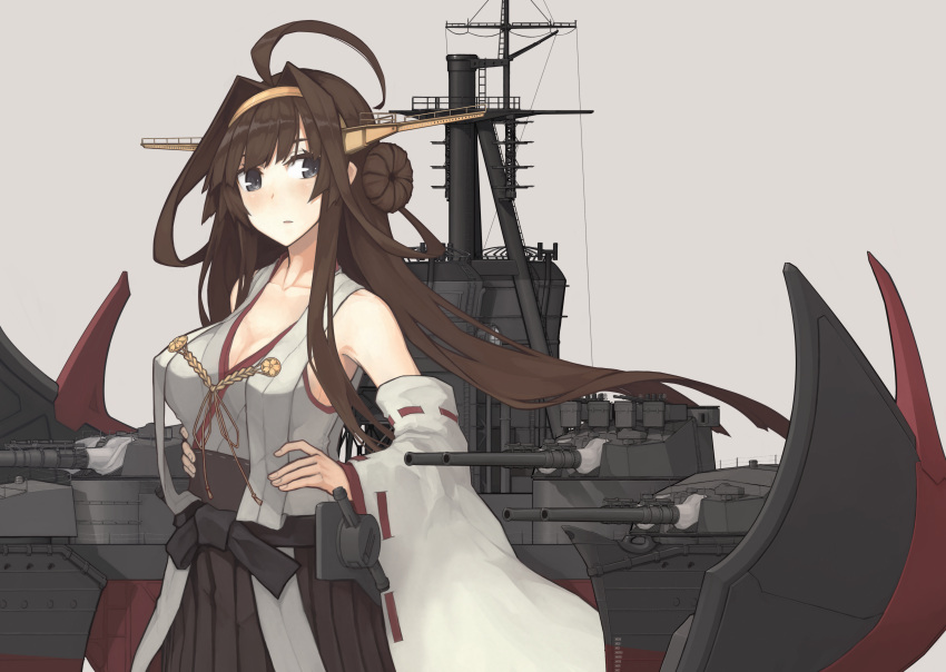 10s 1girl absurdres ahoge bare_shoulders black_skirt breasts brown_hair cleavage collarbone detached_sleeves double_bun floating_hair grey_eyes hair_intakes hairband hands_on_hips highres japanese_clothes kantai_collection kongou_(kantai_collection) large_breasts long_hair long_sleeves looking_away looking_to_the_side machinery mikoto_(oi_plus) no_bra nontraditional_miko remodel_(kantai_collection) ribbon_trim silver_background simple_background skirt solo turret wide_sleeves