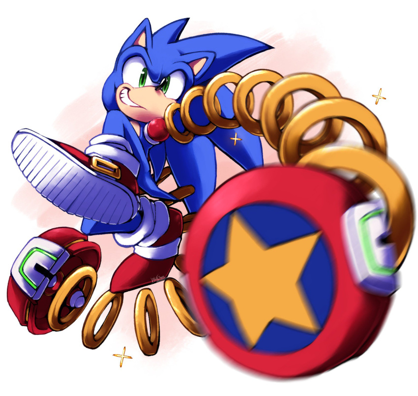1boy arms_(game) full_body green_eyes grin hedgehog highres jewelry jumping looking_at_viewer male_focus motion_blur ring shoes smile sneakers solo sonic sonic_the_hedgehog sparkle spring_(object) wereshoes