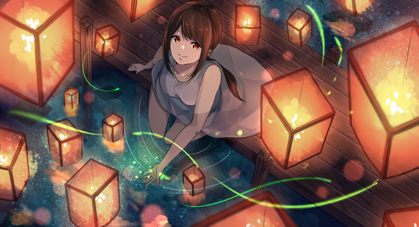 1girl akira_(mr_akira) bangs brown_eyes brown_hair copyright_request dress firefly from_above highres lantern light_trail looking_at_viewer looking_up outdoors outstretched_hand paper_lantern pier ripples sidelocks sitting sky_lantern sleeveless sleeveless_dress smile solo water white_dress