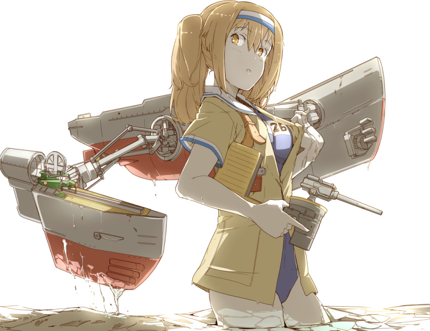 10s 1girl aircraft airplane brown_eyes brown_hair catapult_plane deck_gun dripping gun handgun headband holding holding_gun holding_weapon i-26_(kantai_collection) in_water jacket jacket_over_swimsuit kantai_collection long_hair looking_to_the_side machinery mecha_musume ninimo_nimo plane_request ponytail school_swimsuit simple_background solo standing swimsuit weapon white_background