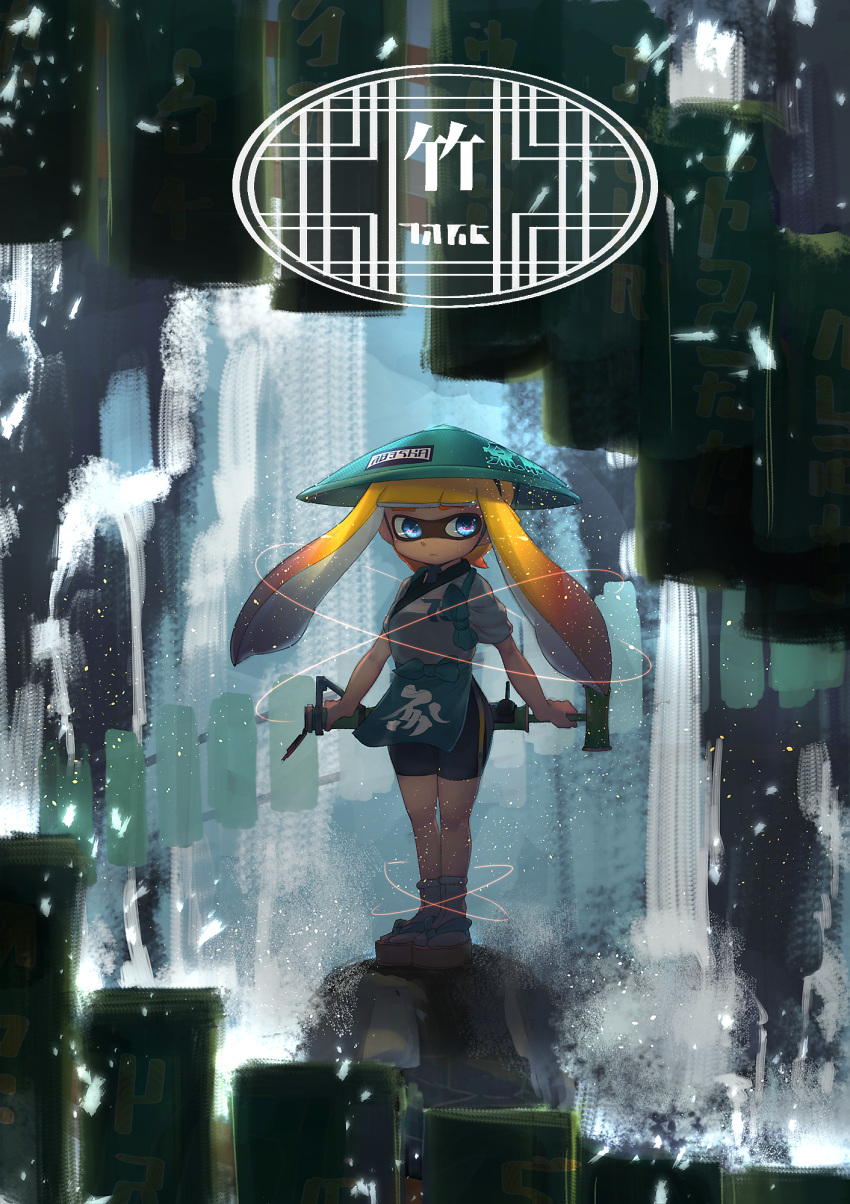 1girl ajirogasa apron bamboozler_14_(splatoon) bangs bike_shorts black_shorts blue_eyes blunt_bangs closed_mouth commentary_request domino_mask expressionless full_body green_apron green_hat hat highres holding holding_weapon inkling japanese_clothes kashu_(hizake) legs_together light_particles long_hair looking_away mask monster_girl orange_hair outdoors rock sandals shirt short_sleeves shorts single_vertical_stripe solo splatoon standing tabi tentacle_hair translation_request waist_apron water waterfall weapon white_legwear white_shirt