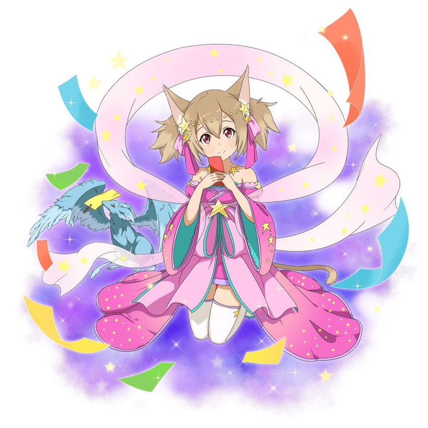 1girl animal_ears brown_hair cat_ears cat_tail detached_sleeves dress full_body hair_between_eyes hair_ornament hair_ribbon head_tilt highres holding japanese_clothes jewelry kneeling long_hair looking_at_viewer necklace pina_(sao) pink_dress pink_ribbon red_eyes ribbon sash see-through short_dress silica_(sao-alo) simple_background sleeveless sleeveless_dress solo sparkle star star_hair_ornament sword_art_online tail thigh-highs twintails white_background white_legwear