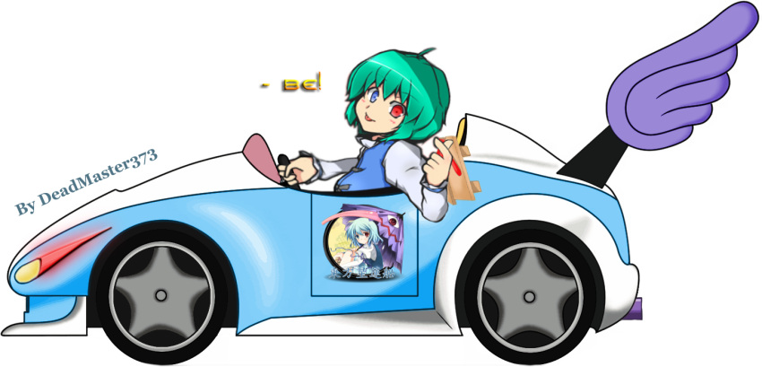 1girl aqua_hair bangs barefoot car driving geta ground_vehicle heterochromia long_sleeves looking_at_viewer super_mario_bros. mario_kart motor_vehicle platform_footwear sandals sandals_removed short_hair super_mario_bros. tatara_kogasa tongue tongue_out touhou transparent_background vehicle