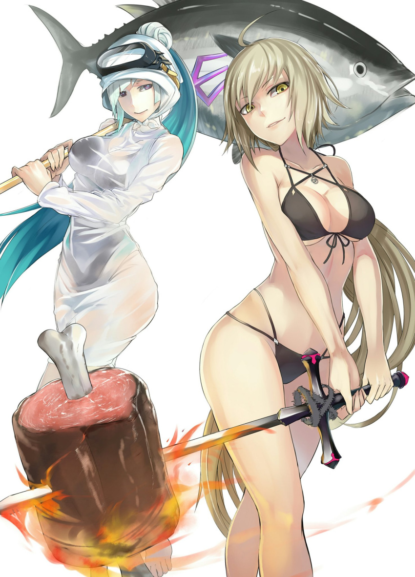2girls ahoge aqua_hair bare_shoulders bikini blonde_hair boned_meat breasts collarbone fate/grand_order fate_(series) fire fish food highres jeanne_alter jikeshi lancer_(fate/prototype_fragments) meat multiple_girls polearm ponytail ruler_(fate/apocrypha) swimsuit sword trident violet_eyes weapon wetsuit white_hair yellow_eyes