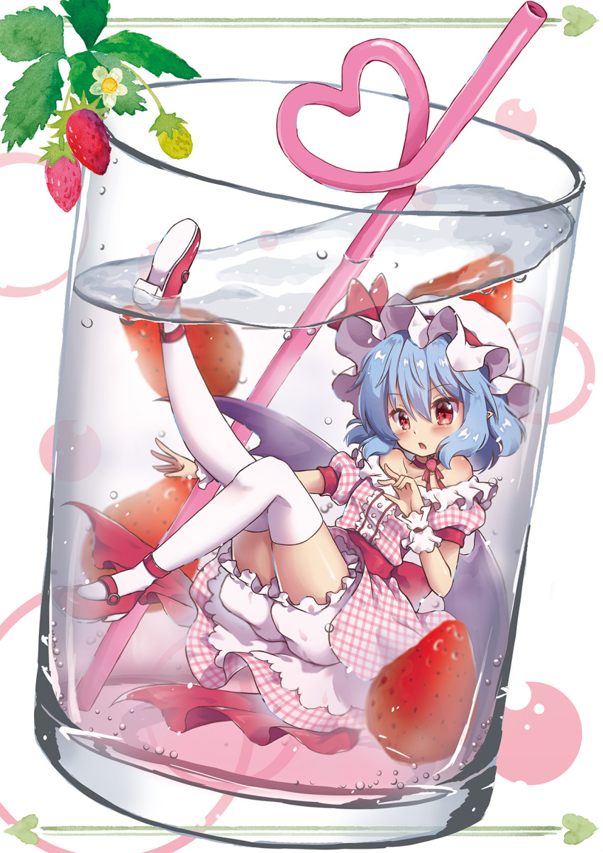 1girl :o alternate_costume bangs beni_kurage bloomers blue_hair center_frills checkered checkered_dress choker cup dress drink drinking_glass drinking_straw flower food fruit full_body gingham hat hat_ribbon heart heart_straw highres in_container knee_up leg_up looking_at_viewer minigirl mob_cap neck_ribbon off-shoulder_dress off_shoulder pink_dress puffy_short_sleeves puffy_sleeves red_eyes red_ribbon red_shoes remilia_scarlet ribbon ribbon_choker sash shoes short_sleeves soda solo strawberry strawberry_blossoms submerged thigh-highs touhou underwear white_background white_legwear wrist_cuffs