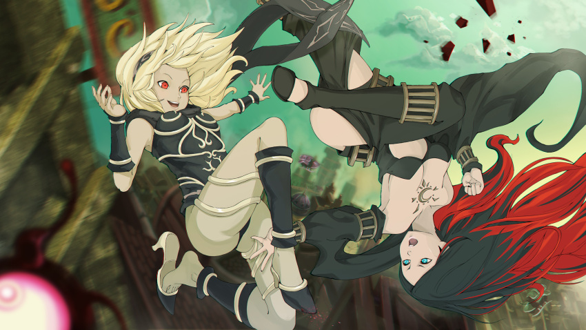 2girls aqua_eyes bare_shoulders black_scarf blonde_hair bodysuit breasts building cleavage clouds collarbone crow_(gravity_daze) dark_skin debris detached_sleeves draw-till-death falling feet gravity_daze gravity_daze_2 hairband high_heels highres kitten_(gravity_daze) legs leotard long_hair looking_at_another medium_breasts multicolored_hair multiple_girls nail_polish open_mouth pants reaching_out red_eyes redhead scarf shoe_dangle shoes_removed sky smile thigh_strap thighs toes two-tone_hair vambraces