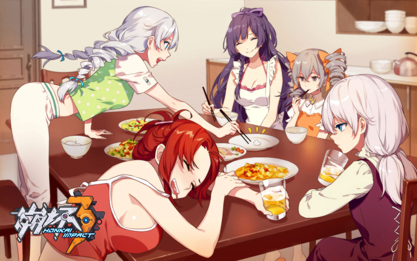 /\/\/\ 5girls :d :t ^_^ apron bangs benghuai_xueyuan blue_eyes bow breasts bronya_zaychik camisole capri_pants chopsticks chopsticks_in_mouth closed_eyes copyright_name drill_hair drooling eating grey_eyes grey_hair hair_between_eyes hair_bow hair_ornament hair_ribbon hairclip half-closed_eyes highres indoors kiana_kaslana large_breasts low_twintails multiple_girls murata_himeko official_art open_mouth pants parted_bangs purple_hair raiden_mei redhead ribbon sideboob silver_hair sleeping smile strap_slip theresa_apocalypse tied_hair twin_drills twintails