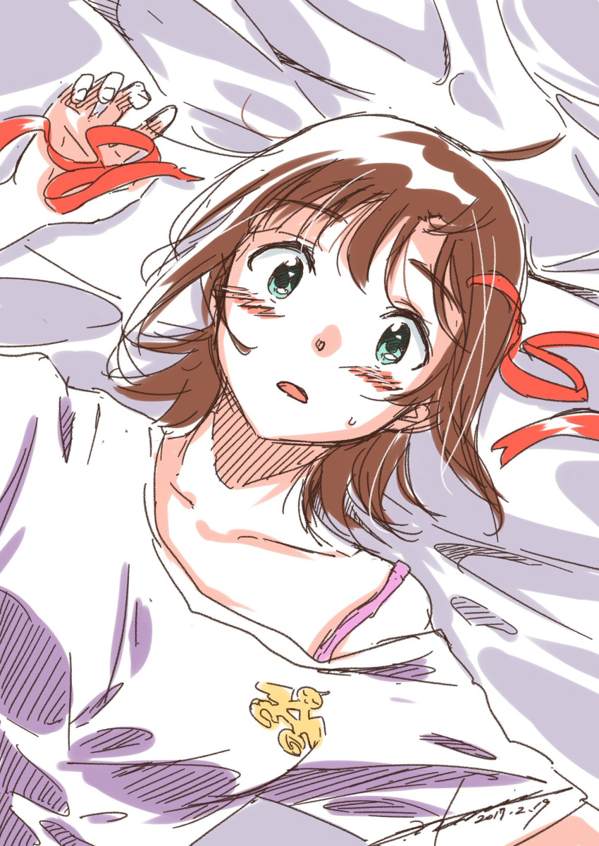 1girl ahoge akane_(getwild23) amami_haruka bed blush bra bra_strap brown_hair collarbone commentary commentary_request green_eyes hair_ribbon highres idolmaster idolmaster_2 looking_at_viewer loose_shirt lying open_mouth pink_bra ribbon shirt shirt_slip short_hair sketch solo surprised underwear untied