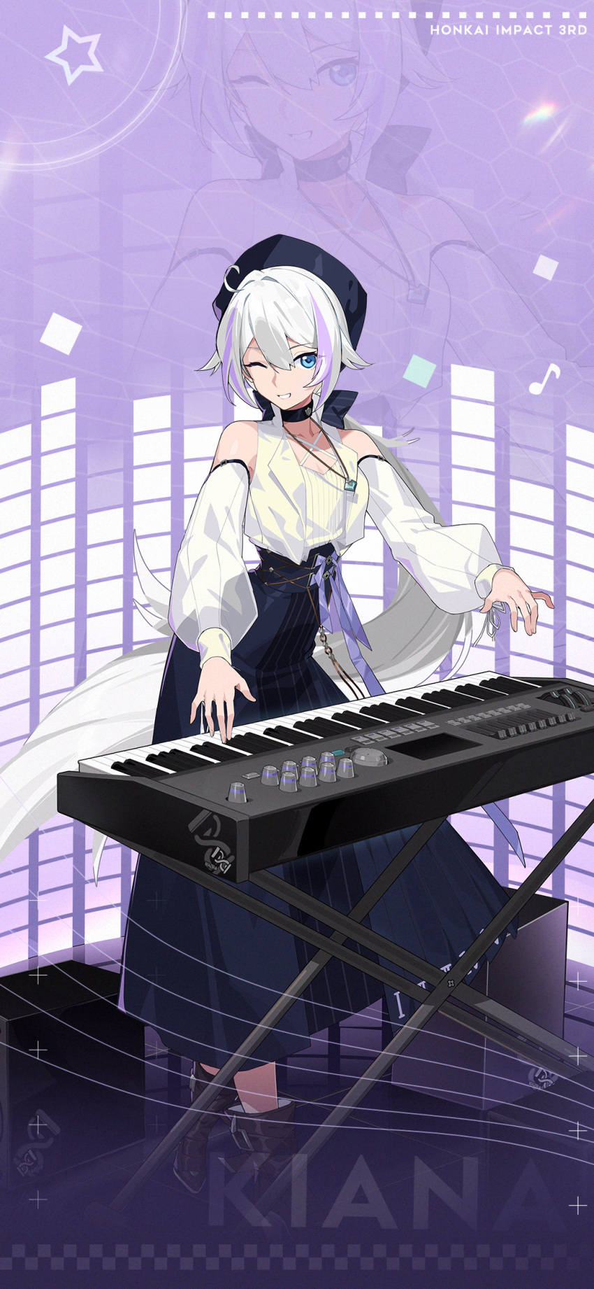 1girl ahoge alternate_costume bare_shoulders beret black_skirt blue_eyes breasts character_name english_text hat highres honkai_(series) honkai_impact_3rd instrument kiana_kaslana long_hair long_skirt long_sleeves looking_at_viewer multicolored_hair music musical_note official_art official_wallpaper open_hanbok piano playing_instrument playing_piano purple_background skirt small_breasts standing star_(symbol) streaked_hair very_long_hair white_hair