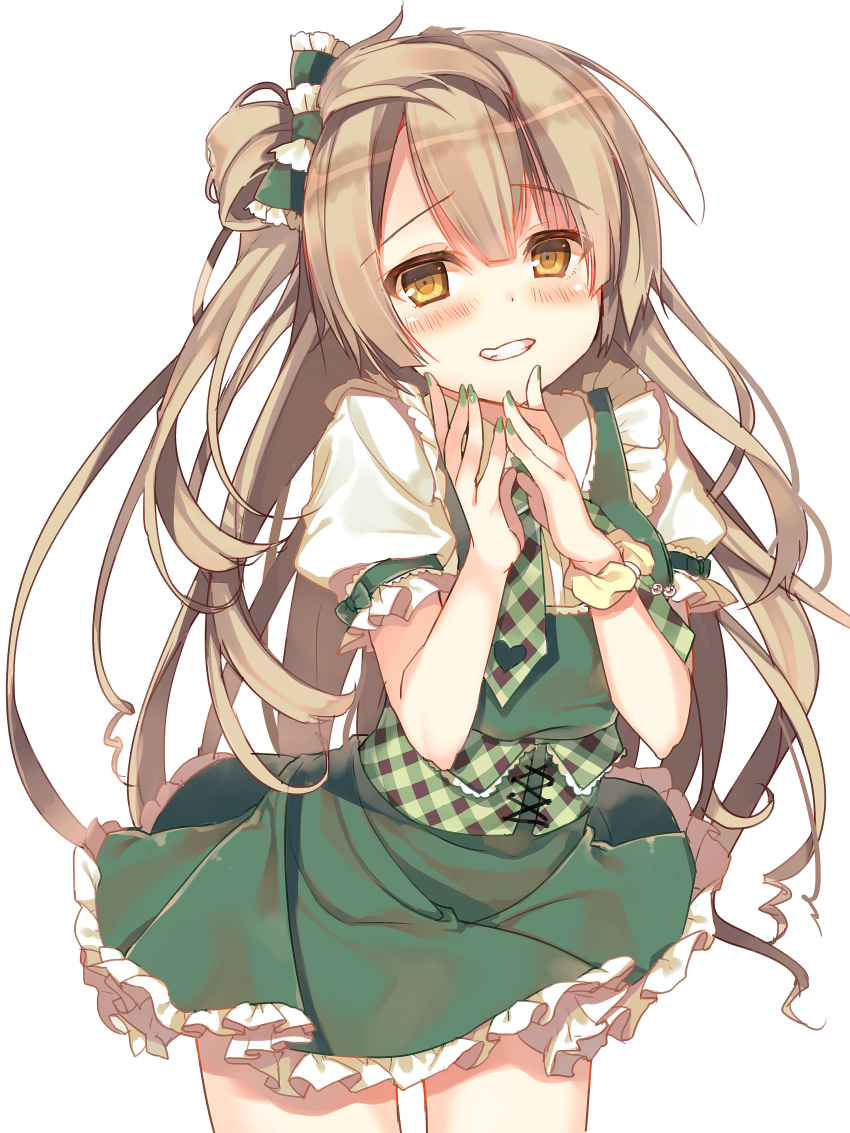 1girl absurdres blush bow brown_eyes brown_hair cowboy_shot dress frills green_dress green_nails grin hair_bow highres hisaka_hazara long_hair looking_at_viewer love_live! love_live!_school_idol_project minami_kotori nail_polish one_side_up scrunchie skirt smile solo wrist_scrunchie