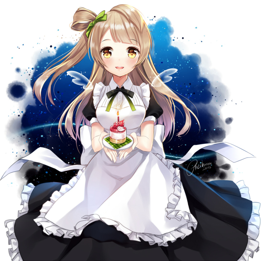 1girl apron black_dress black_ribbon blush bow breasts candle dress eyebrows_visible_through_hair food fruit green_bow hair_bow hieihirai highres holding holding_plate light_brown_hair long_hair looking_at_viewer love_live! love_live!_school_idol_project maid medium_breasts minami_kotori neck_ribbon plate ribbon shiny shiny_hair short_sleeves signature solo strawberry transparent_wings white_apron white_background wing_collar yellow_eyes