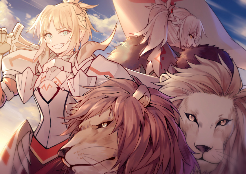 2girls absurdres armor black_fur blonde_hair clouds commentary_request dual_persona fate/apocrypha fate_(series) full_armor green_eyes highres holding holding_sword holding_weapon lion looking_at_viewer looking_back multiple_girls saber_of_red sky smile sword weapon yellow_eyes yorukun