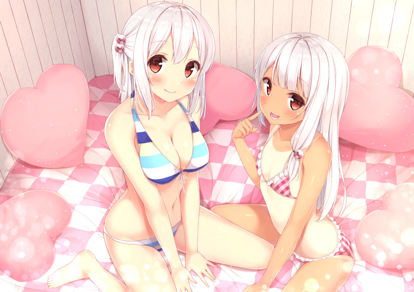 2girls bare_legs barefoot bikini blush breasts cleavage eyebrows_visible_through_hair finger_to_mouth flat_chest frilled_bikini frills from_above front-tie_bikini front-tie_top hair_bobbles hair_ornament heart heart_pillow highres indoors karutamo large_breasts light_particles long_hair looking_at_viewer medium_breasts multiple_girls navel on_bed one-piece_tan one_side_up original pillow pink_bikini plaid plaid_bikini red_eyes sitting smile striped striped_bikini swimsuit tan tanline tisshu_(karutamo) wariza white_hair