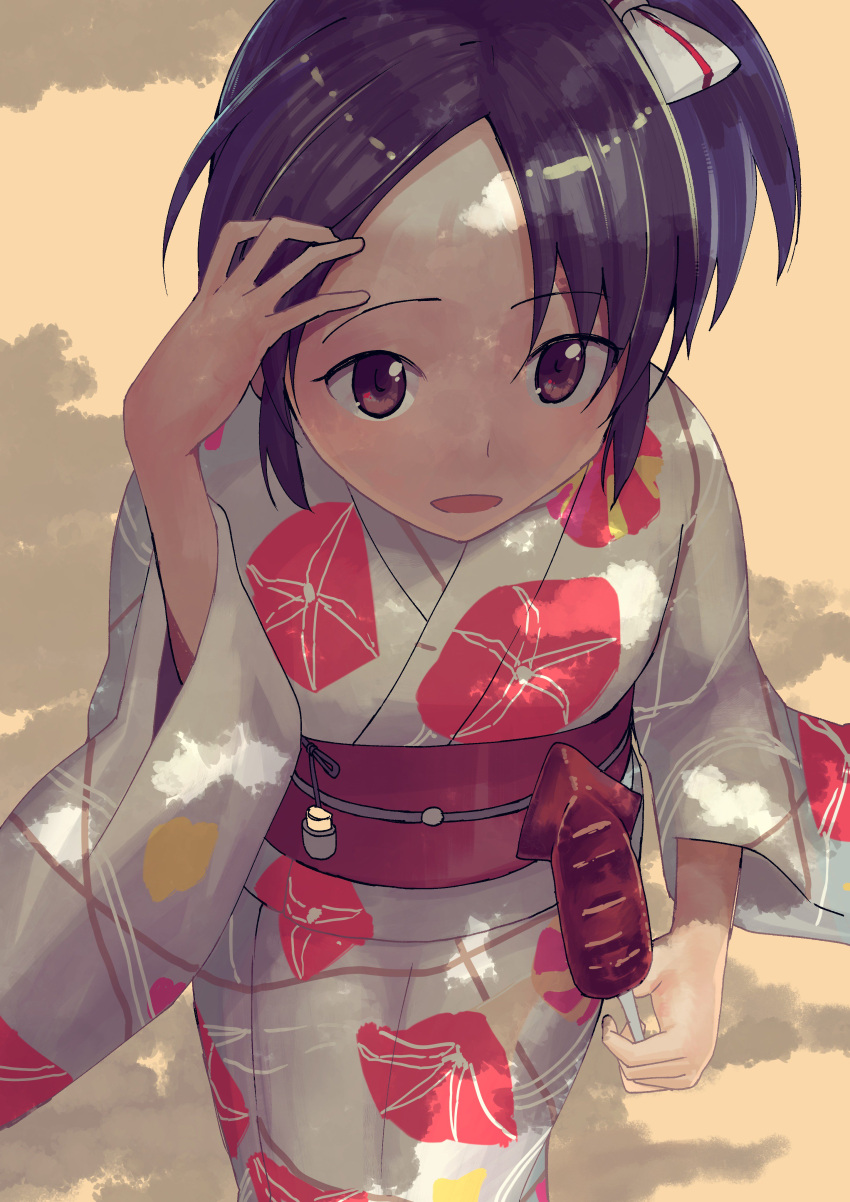 10s 1girl absurdres alternate_costume black_hair brown_eyes food highres holding holding_food japanese_clothes kantai_collection kimono long_sleeves masukuza_j nagara_(kantai_collection) obi open_mouth ponytail sash short_hair smile solo wide_sleeves yukata