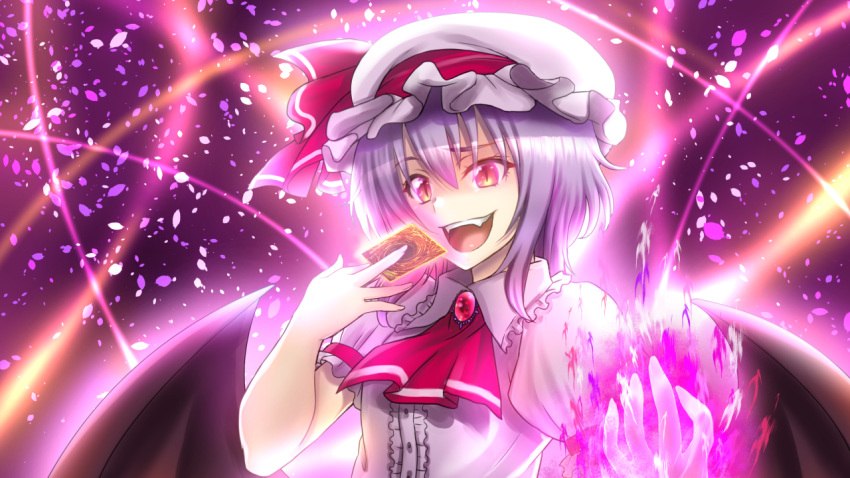 1girl blush card eyebrows_visible_through_hair fangs hat holding holding_card lavender_hair looking_at_viewer mob_cap open_mouth red_eyes remilia_scarlet short_hair smile solo takecha teeth touhou upper_body wings yu-gi-oh!