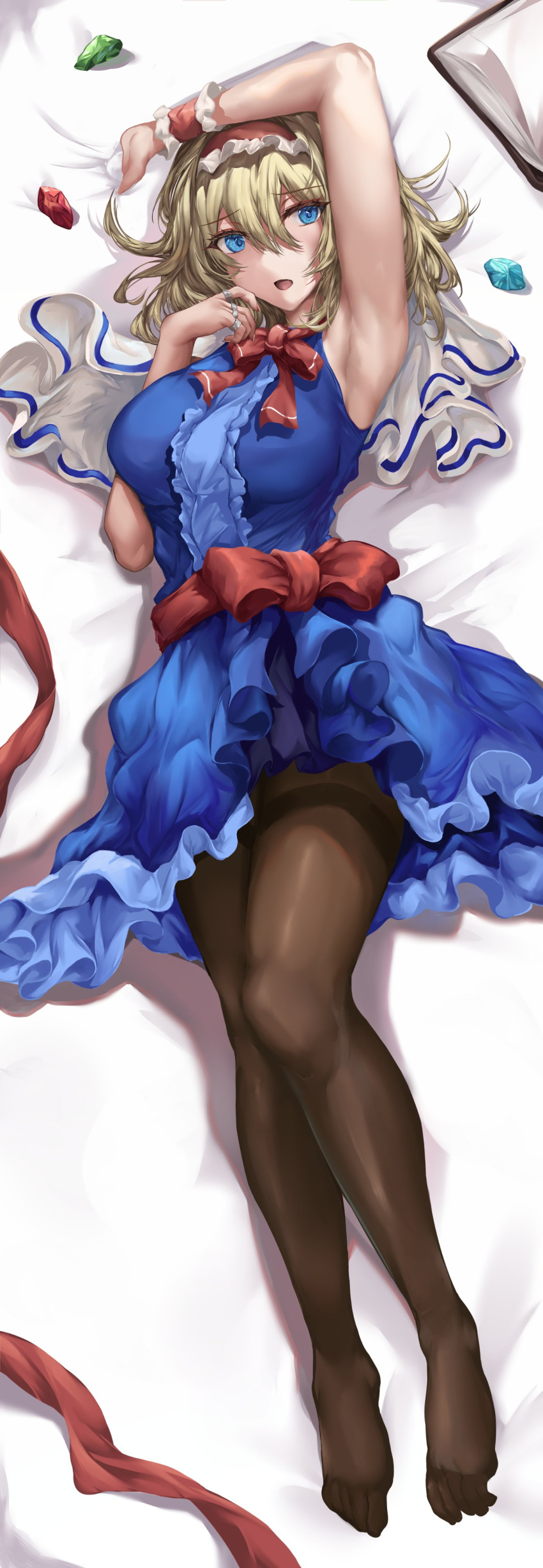1girl absurdres alice_margatroid armpits bed blonde_hair blue_dress blue_eyes blush book bow bowtie breasts capelet center_frills dress frilled_dress frills gem highres jewelry kaeranu_kaeru large_breasts navel open_mouth pantyhose presenting_armpit puppet_rings red_bow red_bowtie red_sash ring sash sleeveless sleeveless_dress solo touhou white_background white_capelet wrist_cuffs