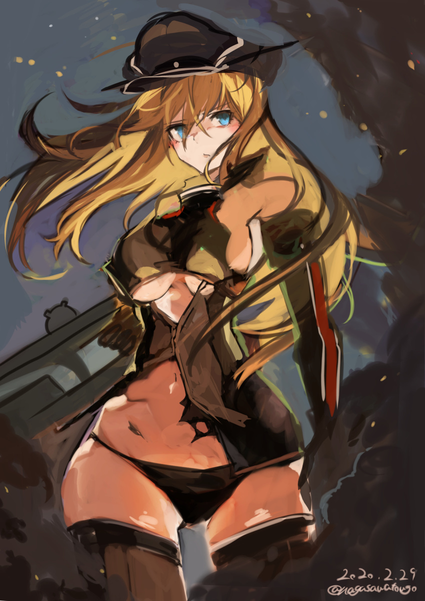 1girl absurdres bangs bismarck_(kantai_collection) black_panties blonde_hair blue_eyes breasts cowboy_shot dated detached_sleeves grey_legwear hair_between_eyes hat highres kantai_collection large_breasts long_hair looking_at_viewer military military_hat military_uniform nagasawa_tougo panties peaked_cap shirt smoke solo thigh-highs torn_clothes torn_shirt twitter_username under_boob underwear uniform