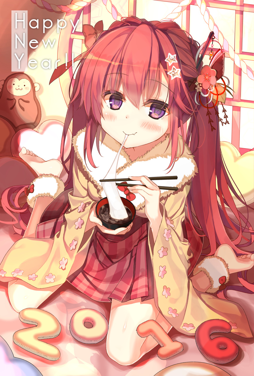 1girl 2016 absurdres bangs barefoot bowl chopsticks closed_mouth eating error eyebrows_visible_through_hair fang food fur_collar hair_between_eyes hakama_skirt hands_up happy_new_year highres hisaka_hazara holding holding_bowl holding_chopsticks holding_food japanese_clothes kimono long_hair looking_at_viewer mochi nengajou new_year original plaid plaid_skirt pleated_skirt redhead rope shimenawa sidelocks sitting skirt smile solo violet_eyes wagashi wariza yellow_kimono zouni_soup