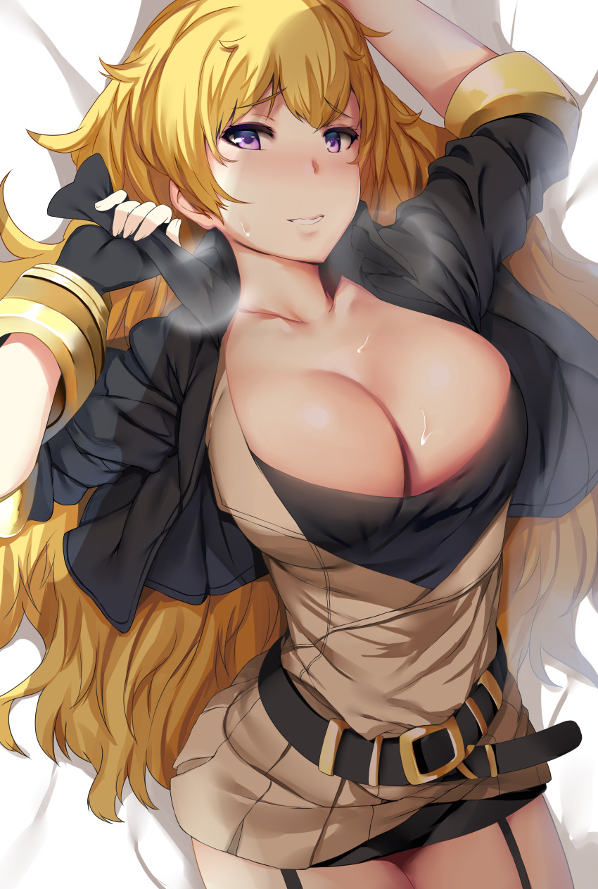 1girl absurdres arms_up belt belt_buckle black_gloves black_jacket blonde_hair breasts breath buckle cleavage collarbone cropped_jacket eyebrows eyebrows_visible_through_hair fingerless_gloves garter_straps gloves hews_hack highres jacket large_breasts long_hair looking_at_viewer lying on_back open_clothes open_jacket parted_lips patreon_reward rwby smile solo sweat vambraces very_long_hair violet_eyes yang_xiao_long