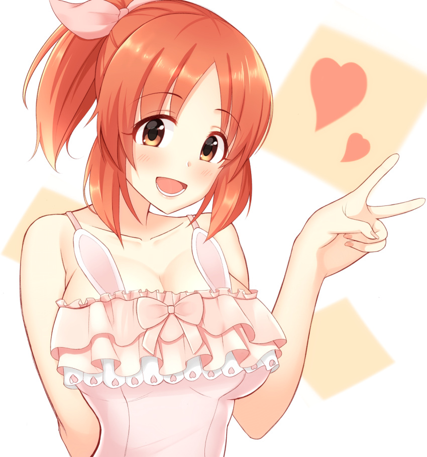 1girl abe_nana arm_behind_back bangs bare_arms blush bow breasts brown_eyes cleavage collarbone frills h3po4_chiba hair_ribbon hand_up heart highres idolmaster idolmaster_cinderella_girls large_breasts looking_at_viewer open_mouth orange_hair parted_bangs pink_camisole ponytail ribbon sidelocks smile solo v