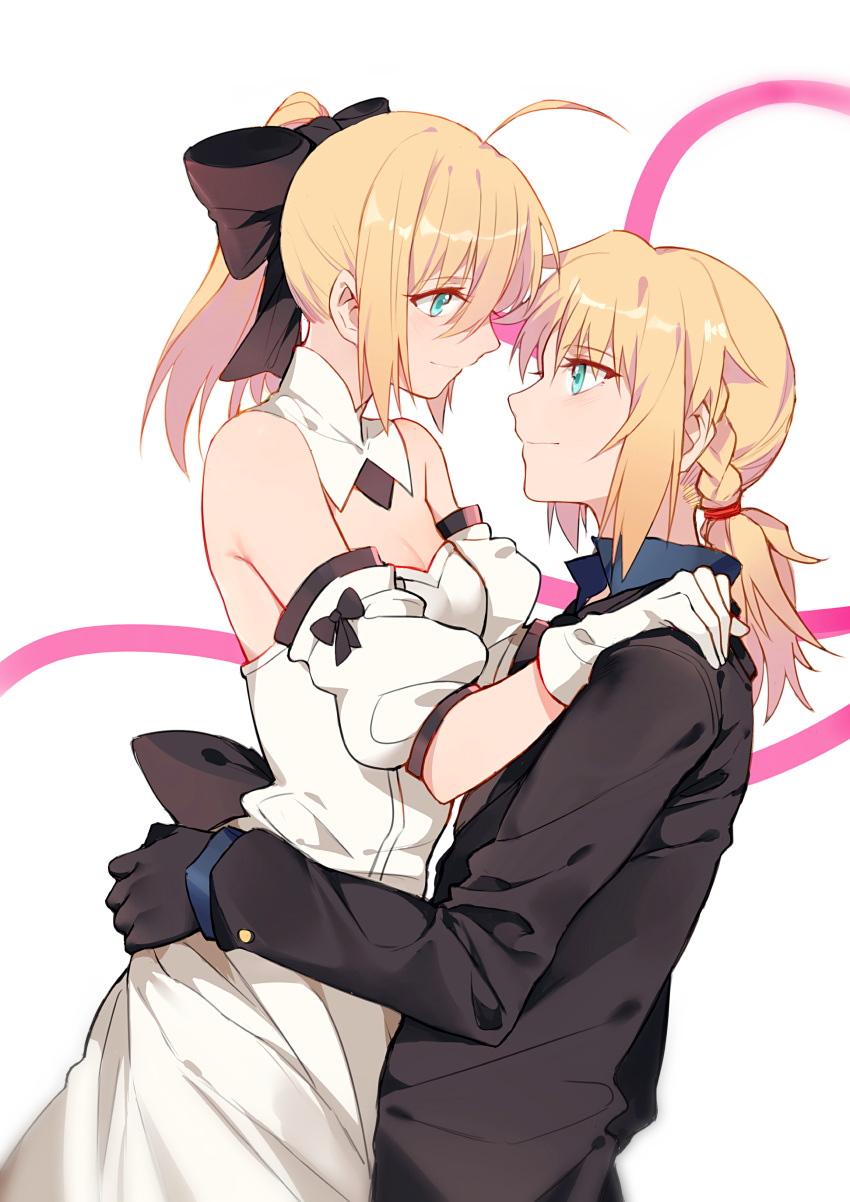 2girls absurdres ahoge black_gloves blonde_hair blush commentary_request detached_collar detached_sleeves dress fate_(series) formal gloves green_eyes hair_ribbon highres looking_at_another multiple_girls ponytail ribbon saber saber_lily saber_of_red smile suit white_dress white_gloves yorukun yuri