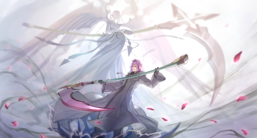 1boy 1girl absurdres aura black_cloak black_gloves blurry cloak dark_aura depth_of_field gloves gogo_(detteiu_de) highres kingdom_hearts kingdom_hearts_chain_of_memories looking_at_viewer marluxia mask multiple_wings petals pink_hair scythe smile wings zipper