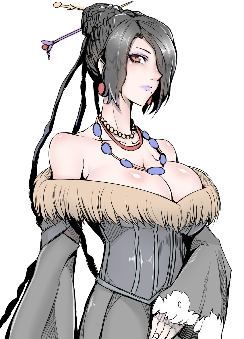 1girl absurdres bare_shoulders bead_necklace beads black_dress black_hair breasts cleavage closed_mouth collarbone dress eyeshadow final_fantasy final_fantasy_x gggg hair_ornament hair_over_one_eye hair_stick highres jewelry large_breasts lipstick long_hair long_sleeves looking_at_viewer lulu_(ff10) makeup mole mole_under_mouth necklace purple_lipstick red_eyes smile solo upper_body wide_sleeves