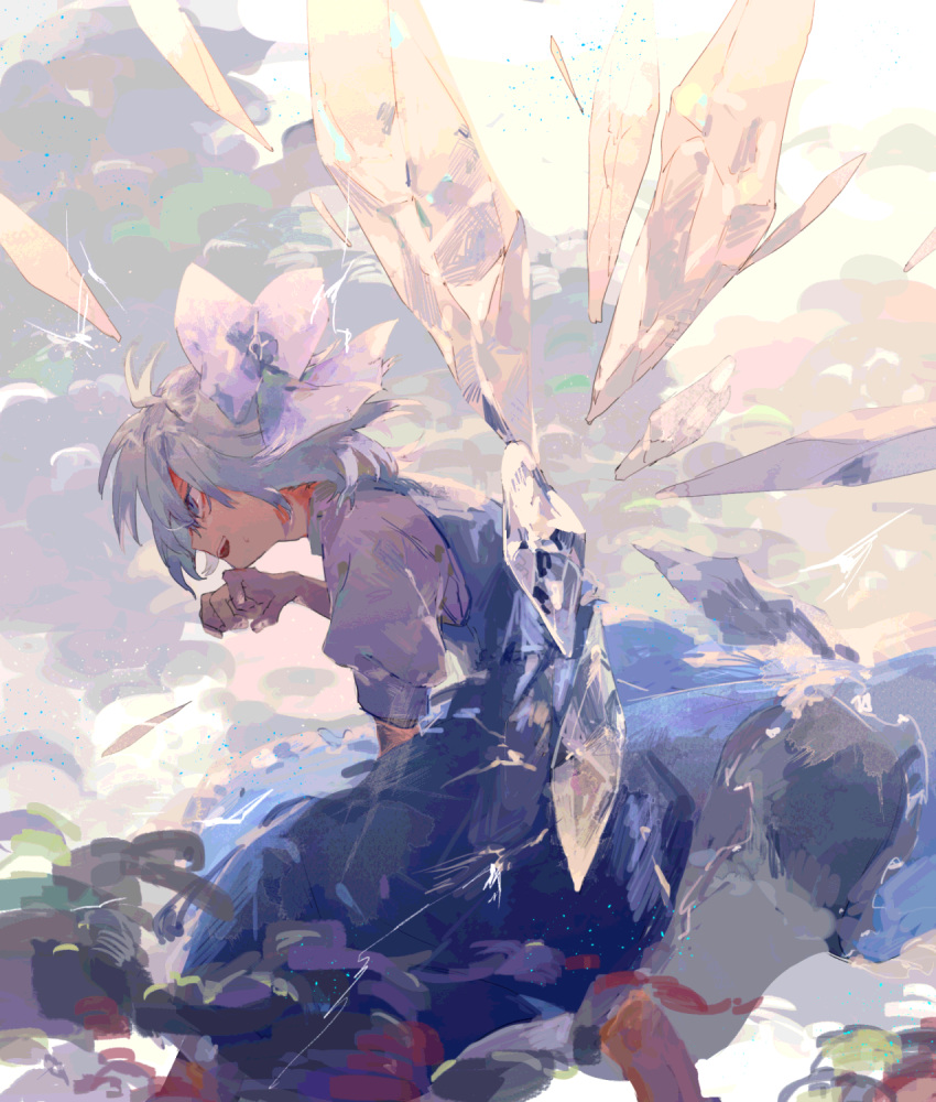 1girl blue_dress blue_eyes blue_hair bow cirno dress hair_bow highres ice ice_wings isshin_(kaxz) leaning_forward profile short_hair short_sleeves smoke solo standing touhou wings
