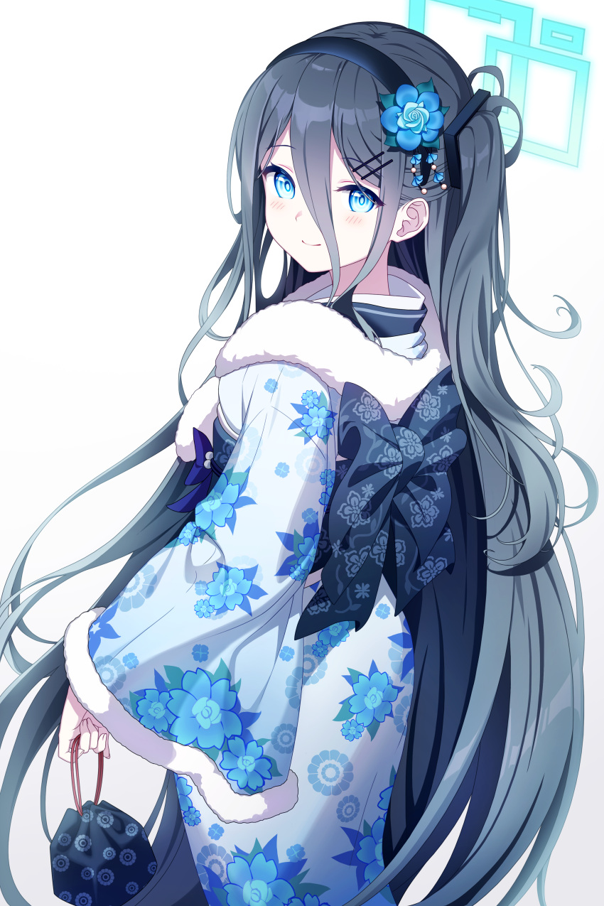 1girl absurdly_long_hair absurdres aris_(blue_archive) black_hair blue_archive blue_eyes blue_halo blue_kimono blush closed_mouth halo highres japanese_clothes kim_nico kimono long_hair long_sleeves looking_at_viewer obi sash simple_background smile solo very_long_hair white_background wide_sleeves
