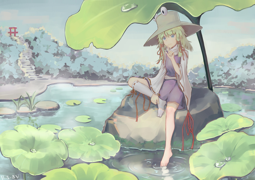 1girl absurdres bangs barefoot blonde_hair blue_eyes brown_hat dated day forest hair_ribbon hand_on_ankle hat highres leg_up lily_pad long_sleeves looking_at_viewer moriya_suwako morning nature on_rock outdoors pointing pointing_up purple_skirt purple_vest reflection ribbon ribbon-trimmed_legwear ribbon-trimmed_sleeves ribbon_trim ripples shirt short_hair single_thighhigh sitting skirt skirt_set smile solo stairs thigh-highs torii touhou tree turtleneck vest water_drop white_legwear white_shirt wide_sleeves yashi_kano_ko