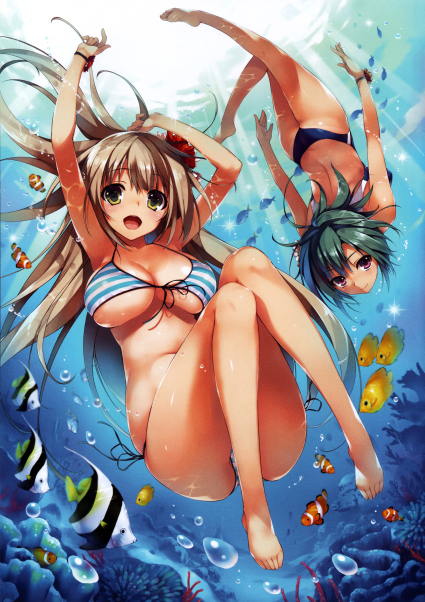 2girls absurdres air_bubble arms_up ass bangs bare_legs barefoot bikini blue_hair bracelet breasts brown_hair bubble cleavage competition_swimsuit coral diving feet fish flower freediving front-tie_top full_body green_eyes hair_flower hair_ornament highres holding_breath huge_filesize jewelry large_breasts light_rays long_hair looking_at_viewer multiple_girls navel one-piece_swimsuit open_mouth scan shiny shiny_skin side-tie_bikini smile soles string_bikini striped striped_bikini striped_swimsuit submerged sunbeam sunlight swimming swimsuit toes tomose_shunsaku under_boob underwater upside-down violet_eyes wristband