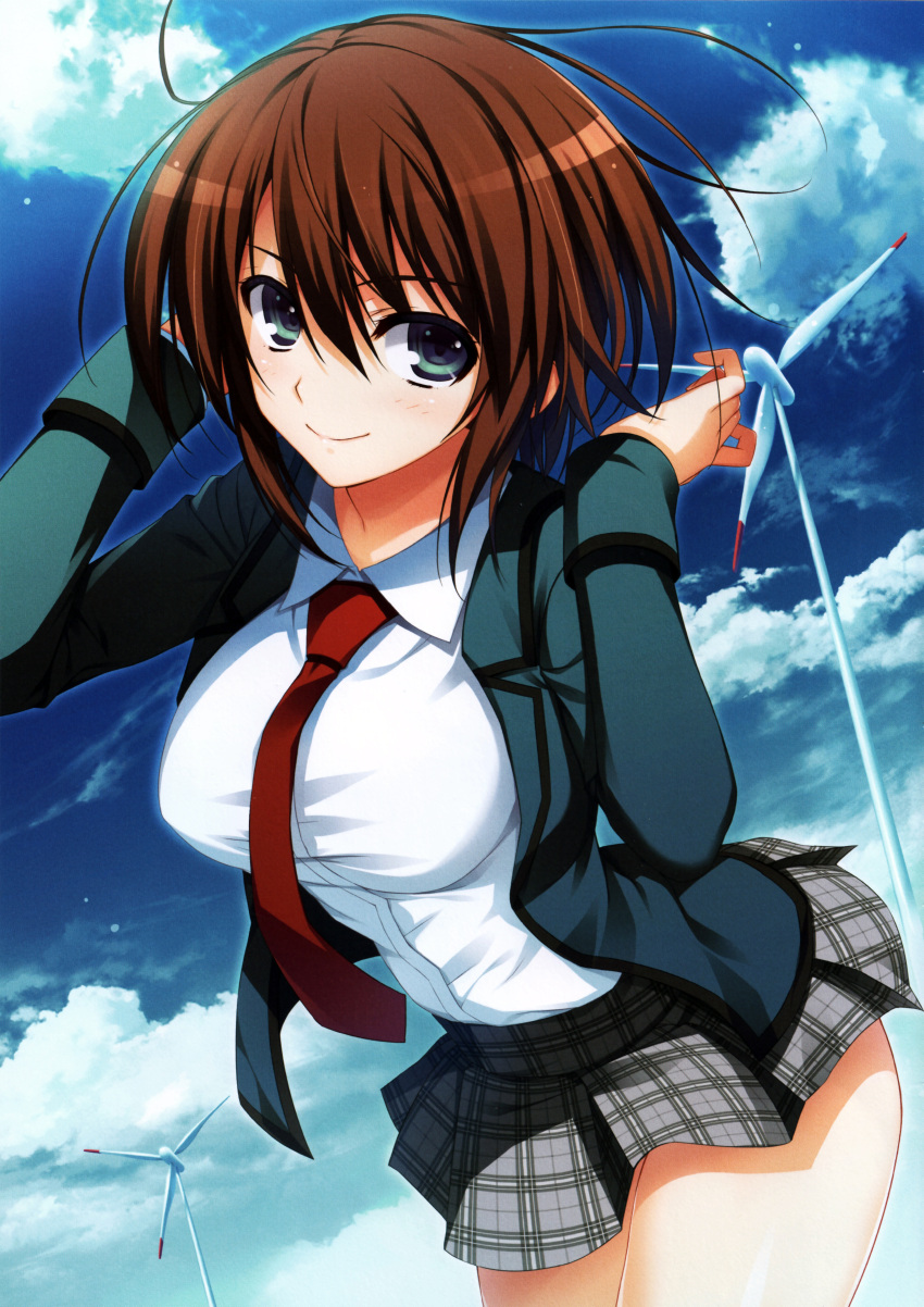 1girl absurdres aqua_eyes breasts brown_hair clouds cloudy_sky day hands_up highres huge_filesize koi_de_wa_naku large_breasts leaning_forward makishima_yumi miniskirt necktie plaid plaid_skirt scan school_uniform short_hair skirt sky smile solo tomose_shunsaku wind_turbine windmill