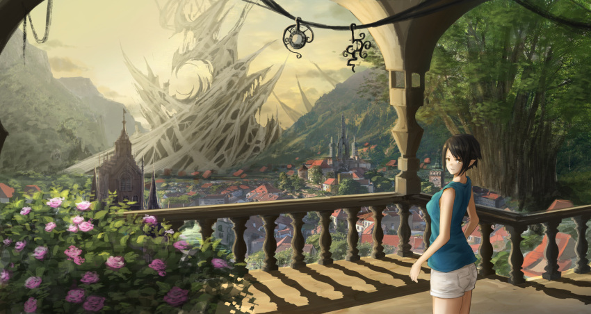1girl black_hair flower highres k_ryo looking_at_viewer original parted_lips pink_flower pointy_ears railing short_hair shorts solo yellow_eyes