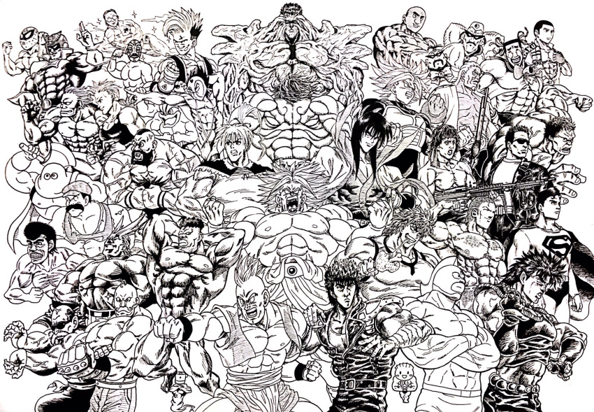 1girl 6+boys a_(naruto) alex_louis_armstrong all_might annotation_request armor atsushi_takada axe beard biscuit_krueger boku_no_hero_academia broly cape captain_falcon character_request chest_hair chougoukin_kurobikari chuji_wu clenched_hand clenched_teeth copyright_request crossed_arms crossover dragon_ball dragon_quest dragon_quest_iii dragon_quest_vi dragonball_z eating f-zero facial_hair final_fantasy final_fantasy_vi flexing food fullmetal_alchemist grappler_baki greyscale gun hajime_no_ippo hanma_yuujirou hassan_(dq6) hat headband helmet hentai_kamen highres hiko_seijuurou hokuto_no_ken hood hulk hunter_x_hunter ink_(medium) izumida_touichirou jacket john_rambo jojo_no_kimyou_na_bouken jonathan_joestar kamehameha kandar kenshirou kinnikuman kinnikuman_(character) leather leather_jacket lee_(dragon_garou) m.u.g.e.n m60 maccho_(m.u.g.e.n.) machamp machine_gun mahou_shoujo_pretty_bell marvel mash_rene_figaro mask meat minna_no_rhythm_tengoku mohawk monochrome mr._duffi multiple_arms multiple_boys multiple_crossover muscle muscle_no_kami-sama mustache muten_roushi naruto naruto_shippuuden nib_pen_(medium) one-punch_man open_mouth pokemon pokemon_(creature) pose puri_puri_prisoner rambo rhythm_tengoku rurouni_kenshin scar screaming sexy_commando_gaiden:_sugoiyo!_masaru-san shirtless shotgun spiked_knuckles spiky_hair street_fighter street_fighter_ii_(series) sunglasses super_saiyan superman superman_(series) t-800 takamura_mamoru teeth tenkuu_no_shiro_laputa terminator terminator_2:_judgement_day tobal_no._1 toguro_otouto toriko toriko_(series) traditional_media trunks_(dragon_ball) veins vest weapon winchester_model_1887 yowamushi_pedal yuu_yuu_hakusho zangief