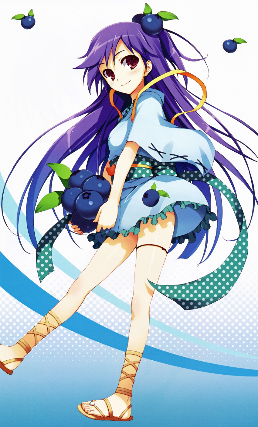 1girl absurdres bangs basket eyebrows_visible_through_hair feet food frills fruit full_body hair_ornament highres japanese_clothes looking_at_viewer obi open_toe_shoes polka_dot purple_hair sandals sash scan shoes simple_background smile solo toes tomose_shunsaku violet_eyes wide_sleeves