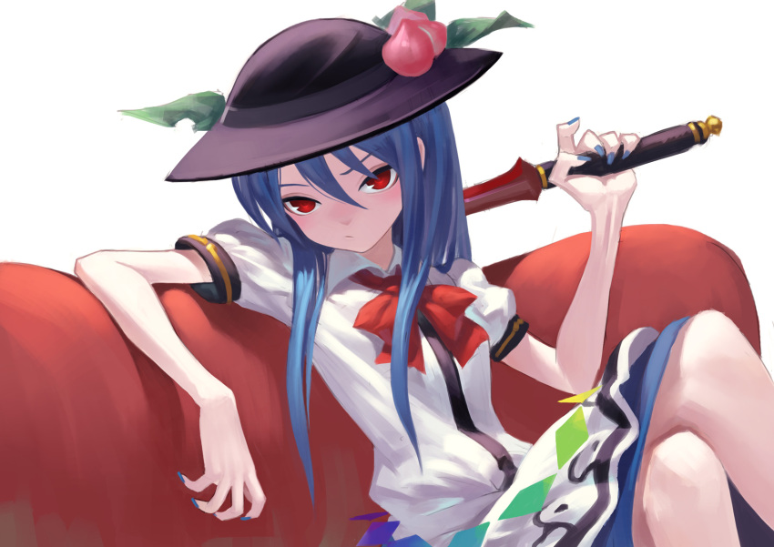 1girl black_hat blue_hair blue_nails blue_skirt bow bowtie couch fkey food fruit hair_between_eyes hat highres hinanawi_tenshi holding holding_sword holding_weapon legs_crossed long_hair looking_at_viewer miniskirt nail_polish peach red_bow red_bowtie red_eyes shirt simple_background sitting skirt solo sword touhou weapon white_background white_shirt
