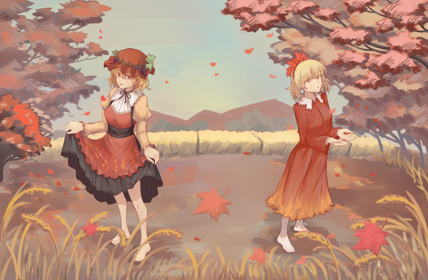2girls absurdres aki_minoriko aki_shizuha apron autumn autumn_leaves bangs barefoot black_skirt blonde_hair breasts choker day dress flat_chest food fruit gradient_dress grapes grey_sky ground hairband hands_up hat hat_ornament highres leaf legs long_sleeves looking_at_viewer looking_up mob_cap multiple_girls open_hands puffy_long_sleeves puffy_sleeves red_dress ribbon_choker shirt short_hair siblings sisters skirt skirt_lift standing toes touhou tree wheat_field wind yashi_kano_ko yellow_dress yellow_eyes yellow_shirt
