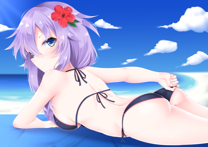 1girl alternate_costume ass beach bikini blue_eyes blush braid breasts choujigen_game_neptune cleavage closed_mouth clouds collarbone hair_ornament highres large_breasts long_hair looking_at_viewer looking_back lying neptune_(choujigen_game_neptune) neptune_(series) on_stomach power_symbol purple_bikini purple_hair purple_heart ribbon shikapiro sky smile solo swimsuit symbol-shaped_pupils tied_hair twin_braids very_long_hair