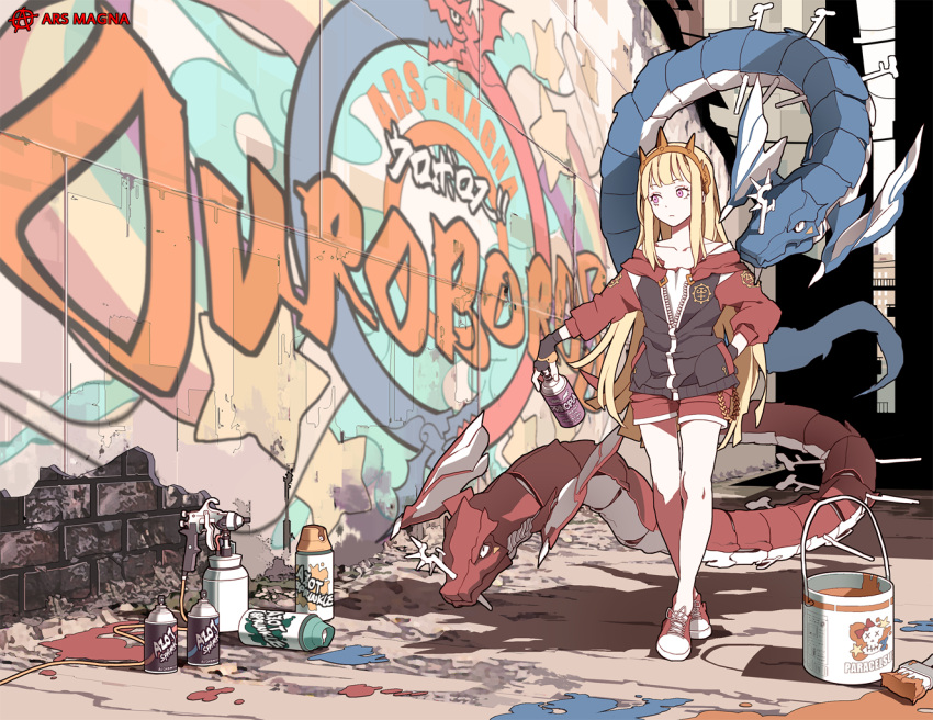 1girl alternate_costume blonde_hair cagliostro_(granblue_fantasy) chains circle_a city colored gloves graffiti granblue_fantasy hairband hood hoodie long_hair ouroboros_(granblue_fantasy) shoes shorts sneakers spray_can violet_eyes