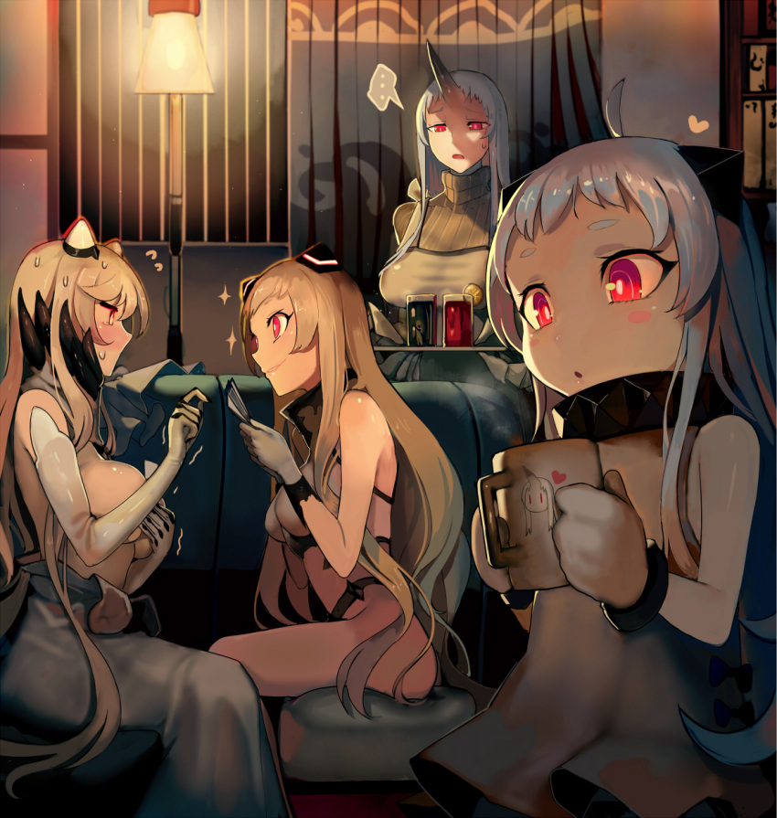 ... 10s 4girls airfield_hime breasts cup dress flying_sweatdrops heart highres holding holding_cup horn horns kantai_collection lamp large_breasts long_hair midway_hime mittens mug multiple_girls northern_ocean_hime open_mouth red_eyes seaport_hime shinkaisei-kan sitting sleeveless sleeveless_dress smile sparkle spoken_ellipsis sweatdrop walzrj white_dress white_hair