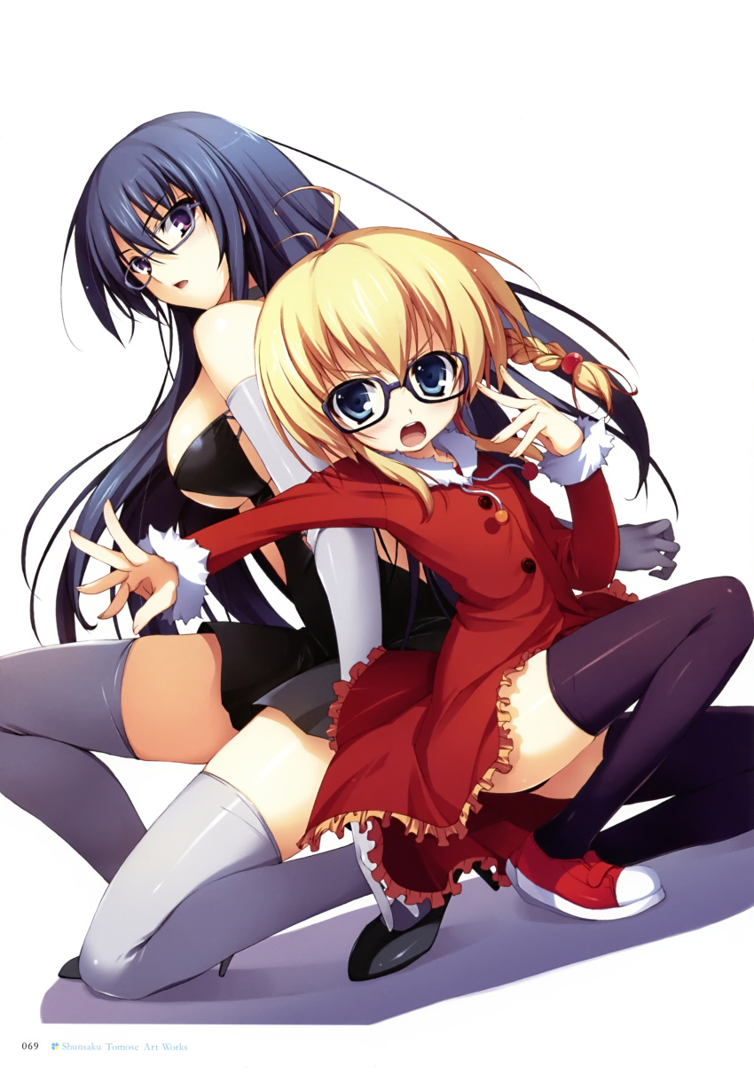 2girls absurdres bangs black_legwear blonde_hair blue_eyes blue_hair braid breasts dress eyebrows_visible_through_hair frills full_body fur_trim glasses grey_legwear high_heels highres kneeling looking_at_viewer medium_breasts multiple_girls open_mouth panties short_dress short_hair simple_background single_braid small_breasts thigh-highs tomose_shunsaku underwear violet_eyes white_background zettai_ryouiki