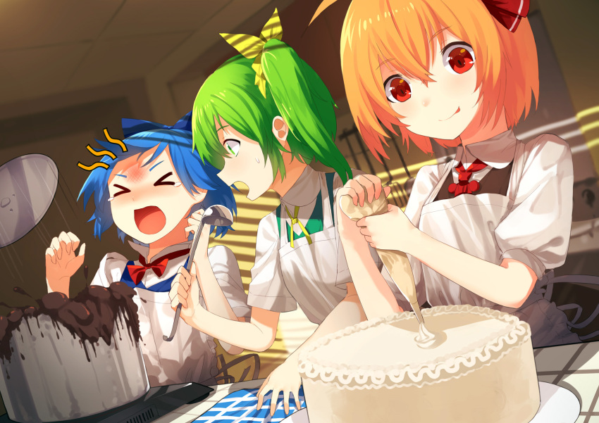 &gt;_&lt; 3girls blonde_hair blue_bow blue_hair bow bruise_on_face cirno closed_eyes daiyousei eyebrows_visible_through_hair green_eyes green_hair hair_bow hair_ribbon highres ladle looking_at_another looking_away multiple_girls open_mouth red_bow red_eyes ribbon rumia sh_(562835932) short_hair short_ponytail side_ponytail sweatdrop tearing_up tongue tongue_out touhou yellow_ribbon