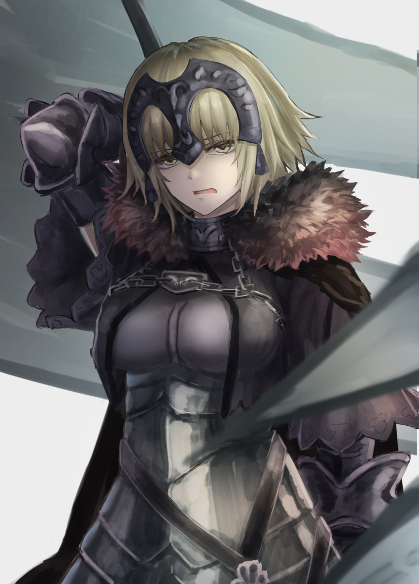 armor breasts eyebrows_visible_through_hair fate/grand_order fate_(series) headpiece highres jeanne_alter k_ryo large_breasts looking_at_viewer parted_lips ruler_(fate/apocrypha) short_hair white_hair yellow_eyes